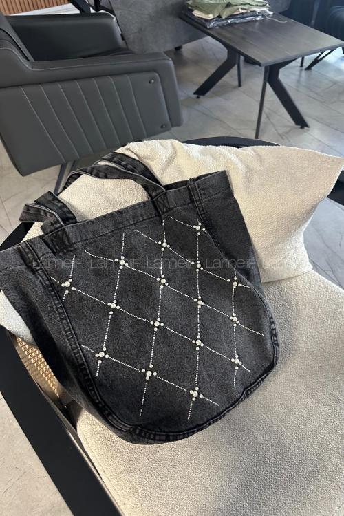 Lamelif Yıkamalı Boncuk Taş İşlemeli Kot Cırt Kapamalı Armalı Çanta