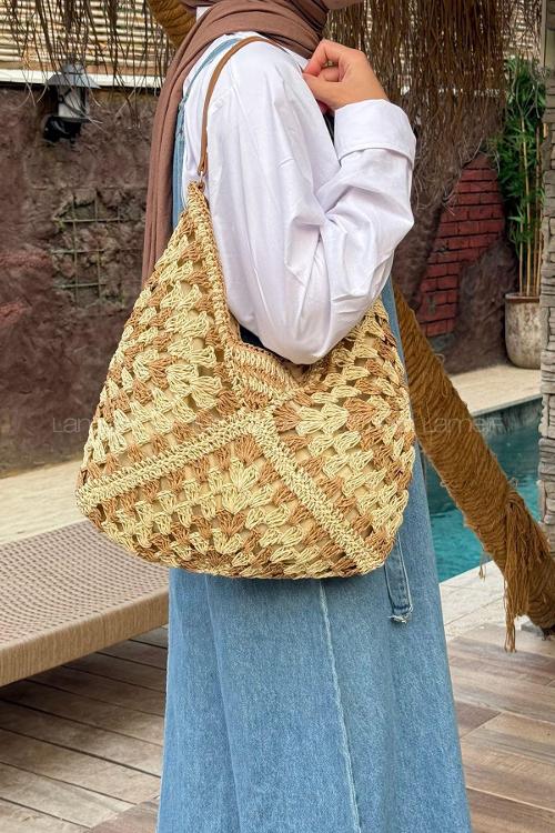 Lamelif  DESENLİ HASIR KOLKADIN ÇANTASI BEJ 