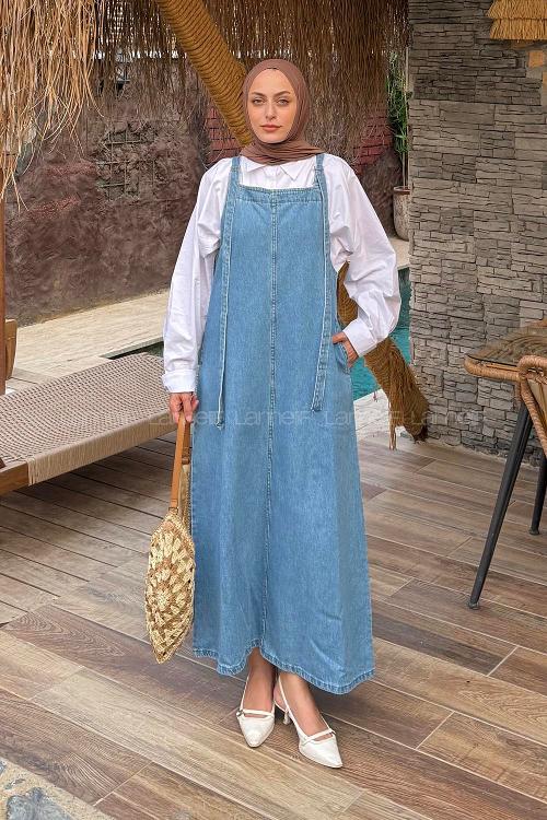 Lamelif Askılı Denim Salopet Elbise Mavi
