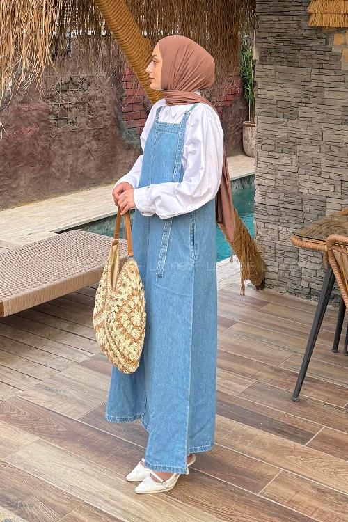 Lamelif Askılı Denim Salopet Elbise Mavi