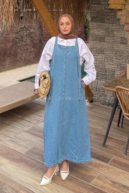 Lamelif Askılı Denim Salopet Elbise Mavi