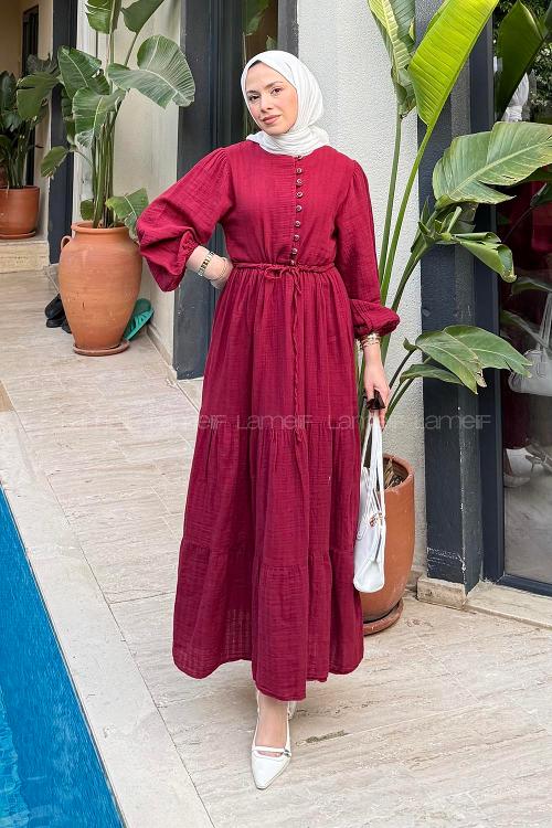 Lamelif Bel Büzgülü Tesettür Elbise  Bordo