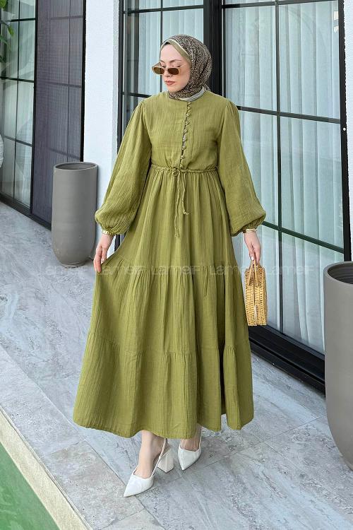 Plum Green Crew Neck Linen Dresess