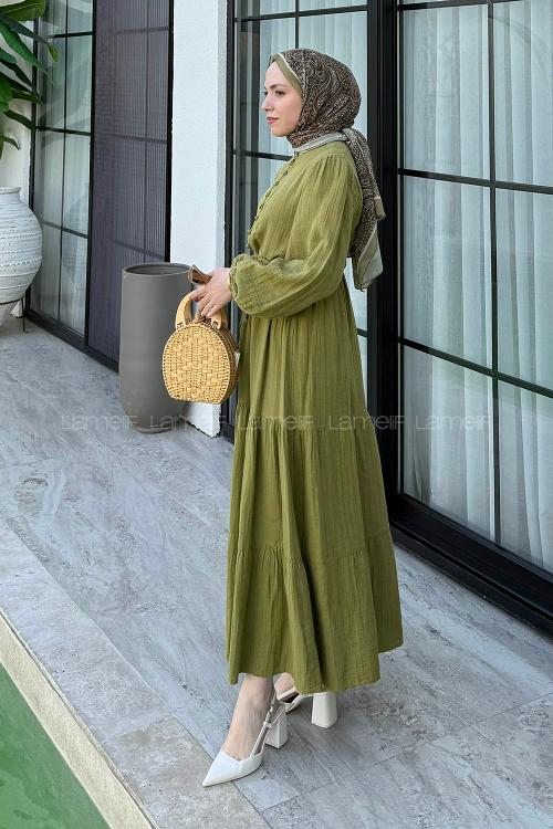 Plum Green Crew Neck Linen Dresess