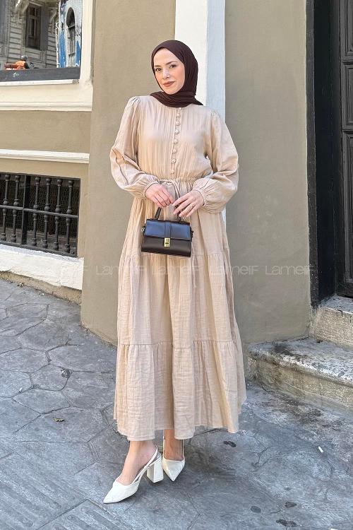 Lamelif Bel Büzgülü Tesettür Elbise  Sütlü Kahve