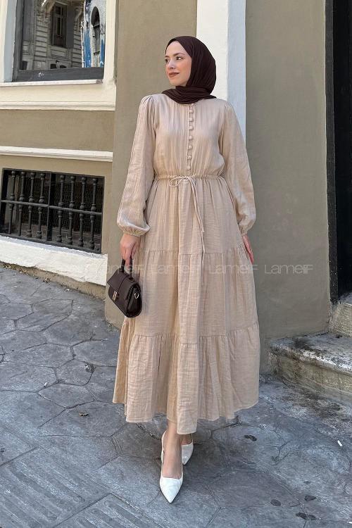Lamelif Bel Büzgülü Tesettür Elbise  Sütlü Kahve