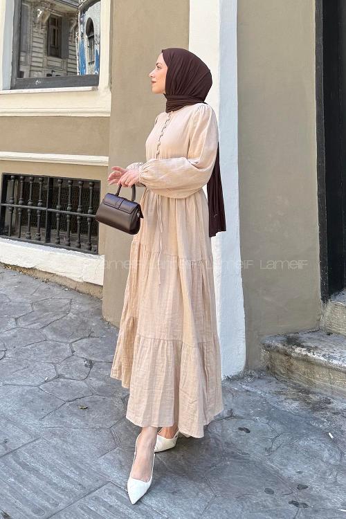 Lamelif Bel Büzgülü Tesettür Elbise  Sütlü Kahve