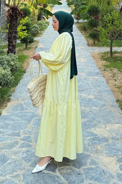 Lamelif Elica Tesettür Elbise Sarı