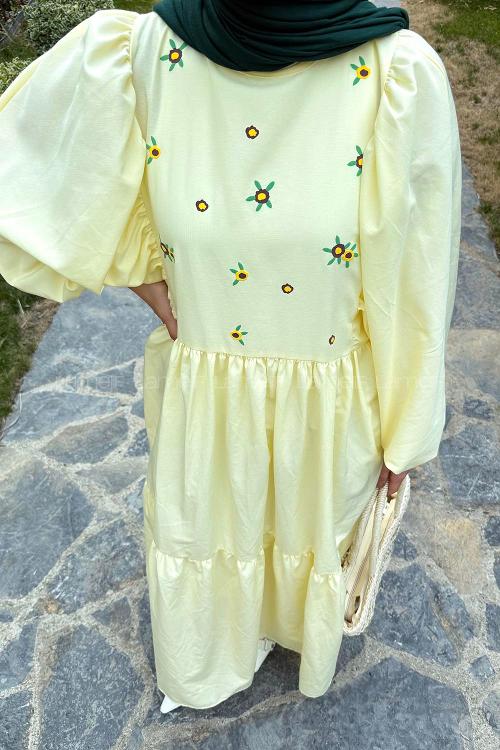 Lamelif Elica Tesettür Elbise Sarı