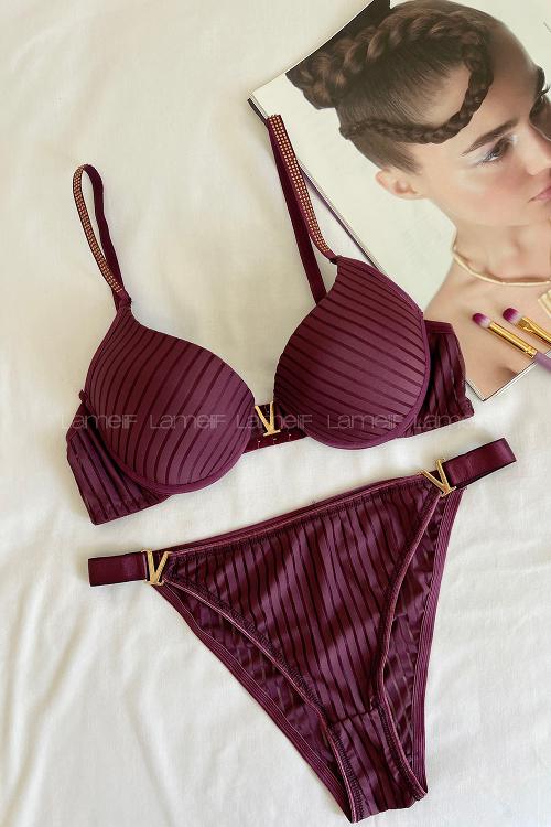 Lamelif Fitilli Destekli Sütyen Takım Mor Renk