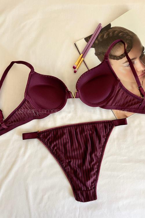 Lamelif Fitilli Destekli Sütyen Takım Mor Renk