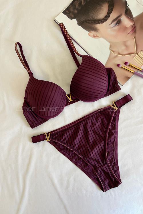 Lamelif Fitilli Destekli Sütyen Takım Mor Renk