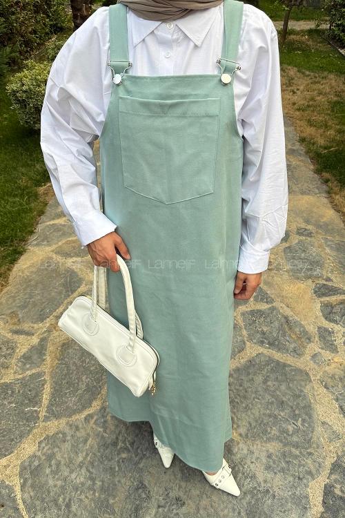 Lamelif Kanguru Cepli Tesettür Elbise Mint Yeşili