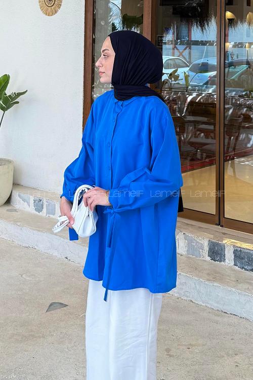 Lamelif Kol Detaylı Gömlek Saks Mavisi
