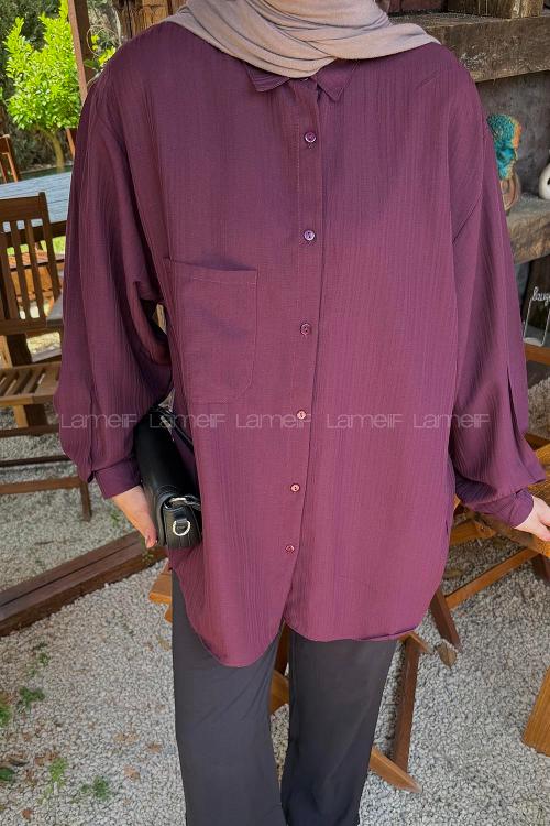 Plum Shirt Collar Long Arm Viscose Fabric Unprinted Shirt