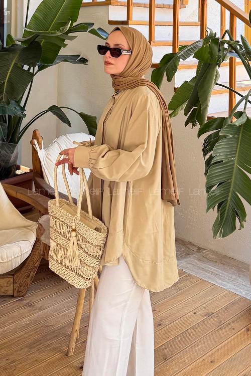 Lamelif Manşeti Biyeli Tunik Krem
