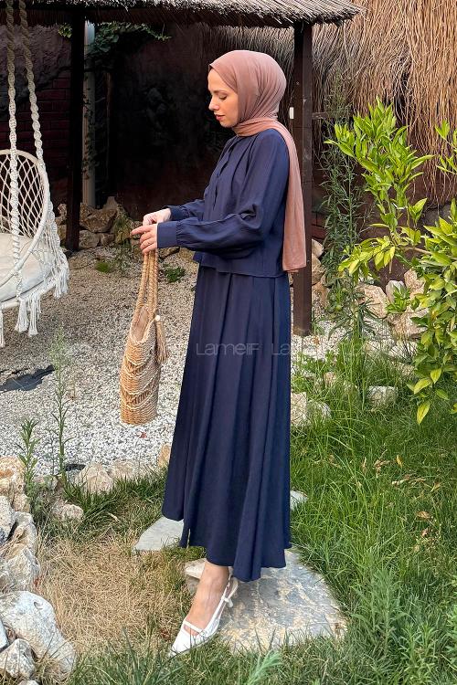 Lamelif Omuz Pile Detaylı Etekli Takım Lacivert