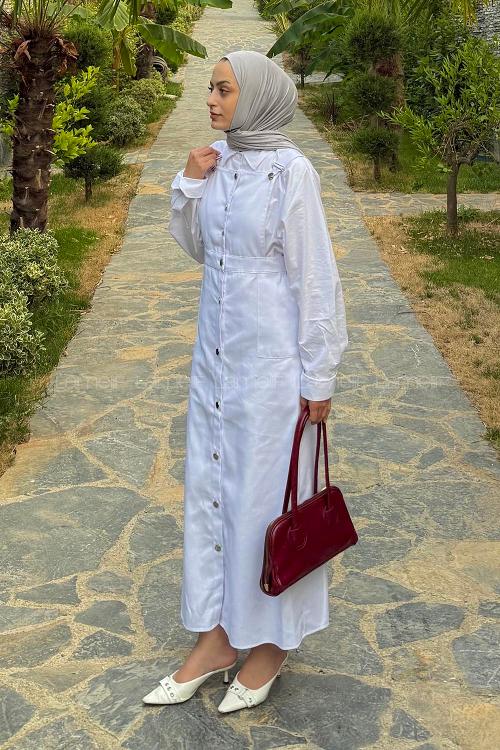 Lamelif Önü Boydan Düğmeli Salopet Beyaz
