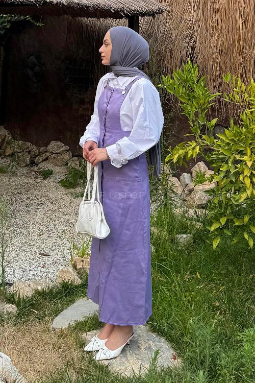 Lamelif Önü Boydan Düğmeli Salopet Lila