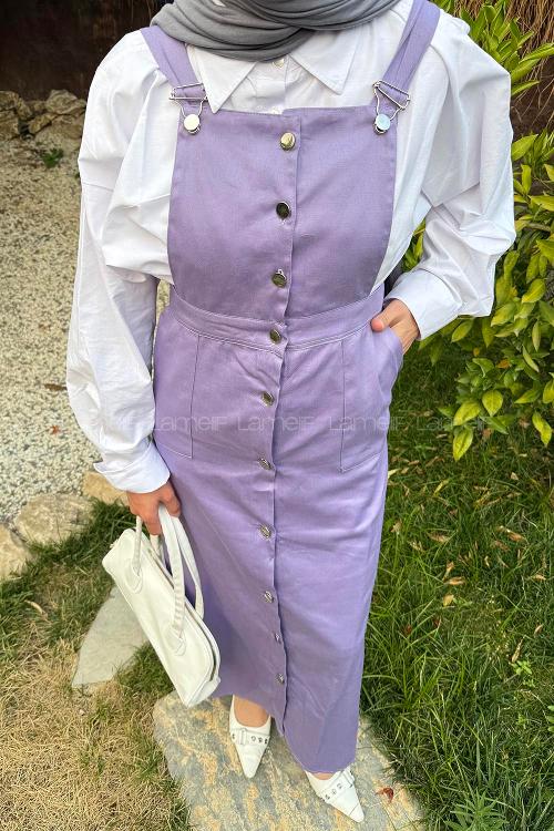 Lamelif Önü Boydan Düğmeli Salopet Lila