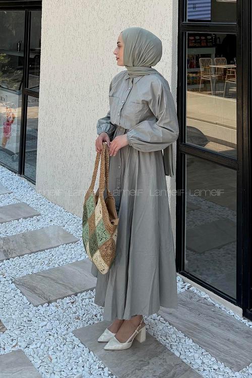 Lamelif Pat Detaylı Tesettür Elbise Çağla Yeşili