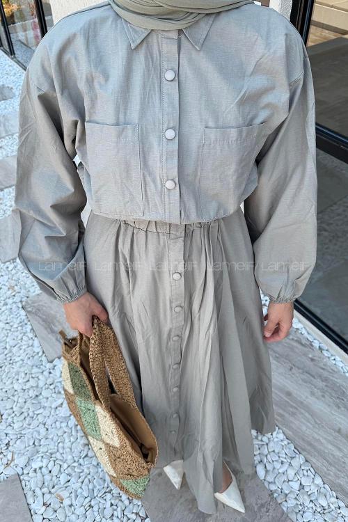 Lamelif Pat Detaylı Tesettür Elbise Çağla Yeşili