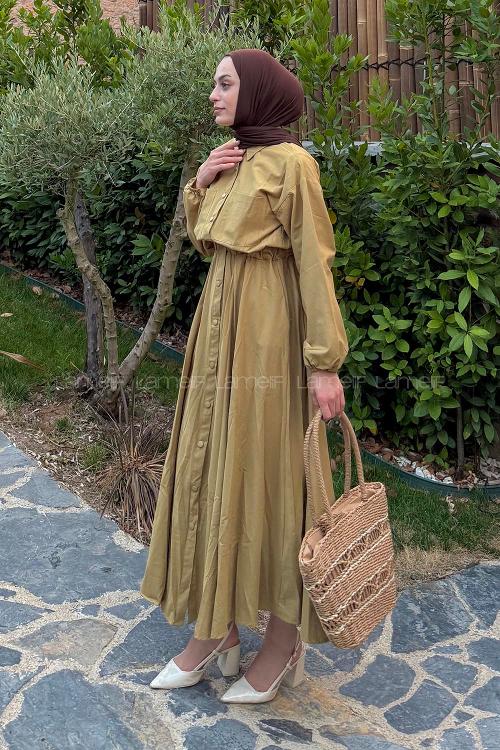 Lamelif Pat Detaylı Tesettür Elbise Hardal Sarısı