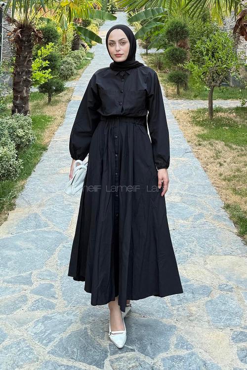 Lamelif Pat Detaylı Tesettür Elbise Siyah