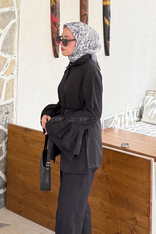lamelif Piliseli Uzun Gömlek Siyah
