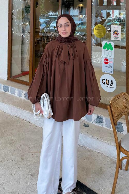 Lamelif Yaka Fular Detaylı Gömlek Acı Kahve