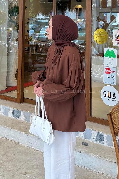 Lamelif Yaka Fular Detaylı Gömlek Acı Kahve