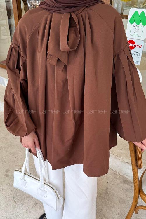 Lamelif Yaka Fular Detaylı Gömlek Acı Kahve