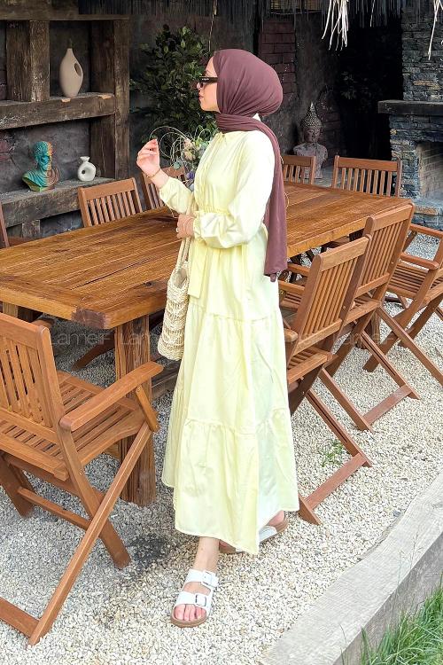 Yellow Medium Crew Neck Linen Unprinted Dresess