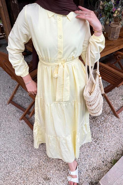 Yellow Medium Crew Neck Linen Unprinted Dresess