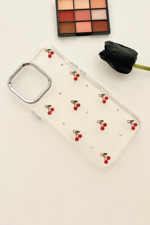 Lamelif ıPhone 16 Şeffaf Kiraz Kabartmalı Telefon Kılıfı