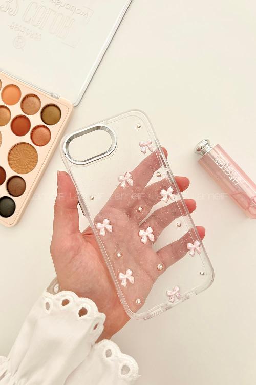 Lamelif ıPhone 16 E Şeffaf Pembe Kurdale Kabartmalı Telefon Kılıfı