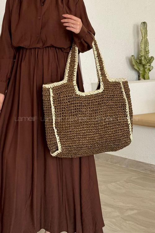 Lamelif Şerit Detay Astarlı Örgü Hasır Plaj Çantası Kahverengi