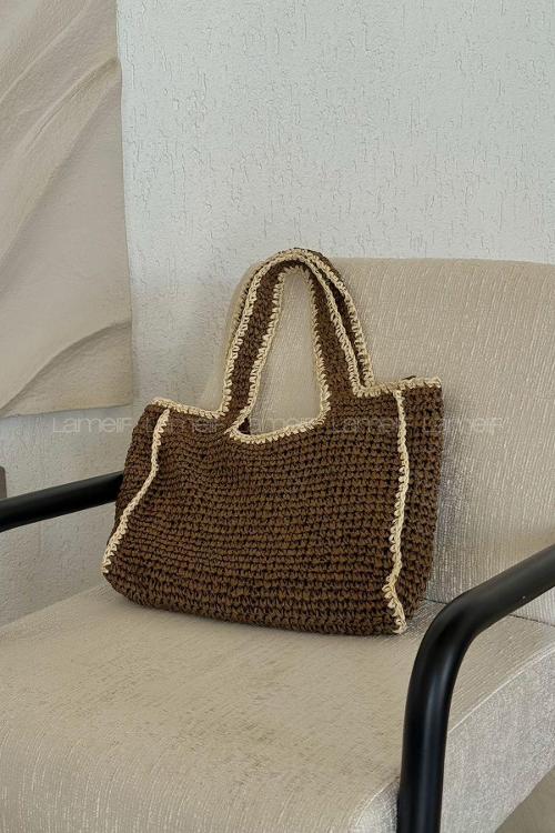 Lamelif Şerit Detay Astarlı Örgü Hasır Plaj Çantası Kahverengi