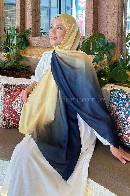Lamelif Degrade Desen Soft Şal Lacivert Sarı