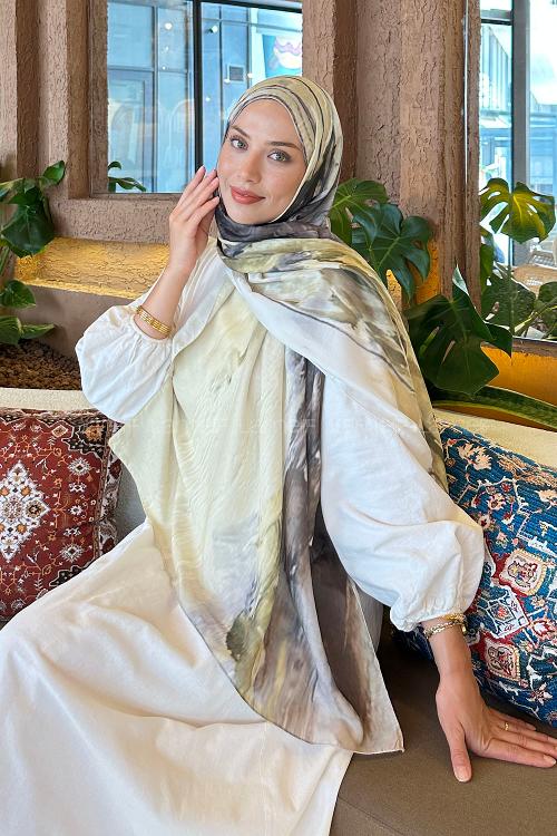 Lamelif Sulu Boya Desen Soft Şal Mint Yeşili