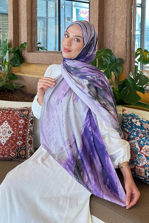 Lamelif Sulu Boya Desen Soft Şal Mor Lila