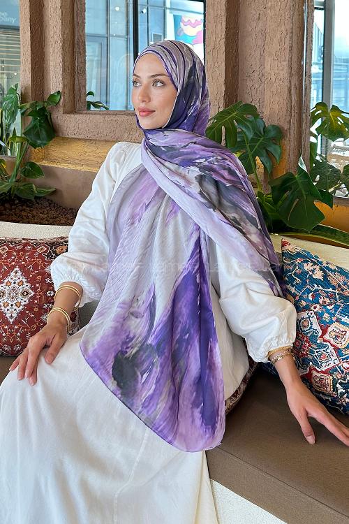 Lamelif Sulu Boya Desen Soft Şal Mor Lila