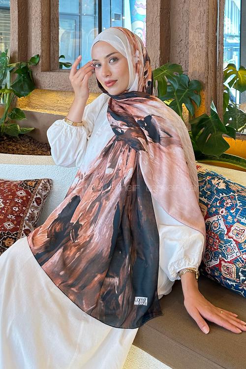 Lamelif Sulu Boya Desen Soft Şal Siyah Tarçın