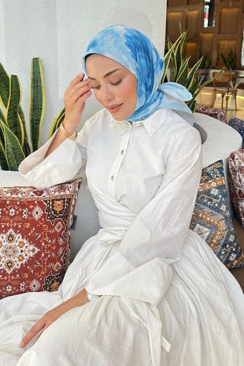 Lamelif Batik Çiçek Desen Soft Eşarp Bebe Mavisi