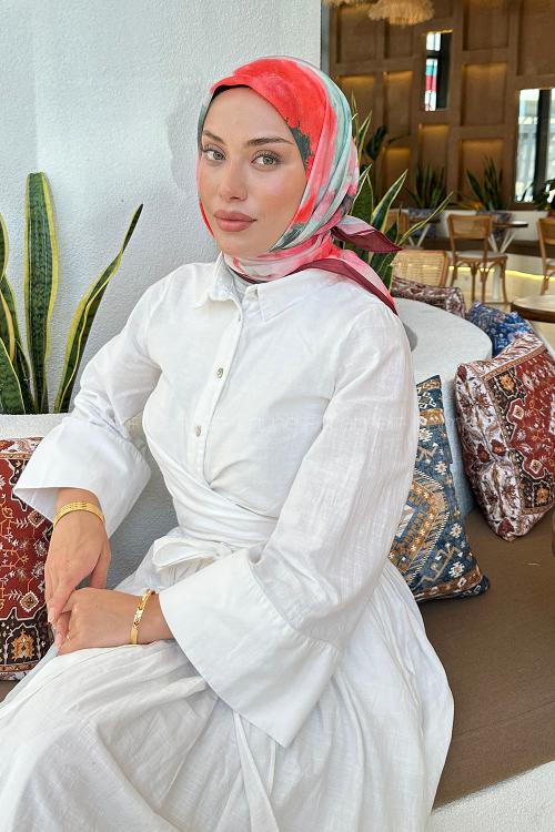 Lamelif Batik Çiçek Desen Soft Eşarp  Bordo