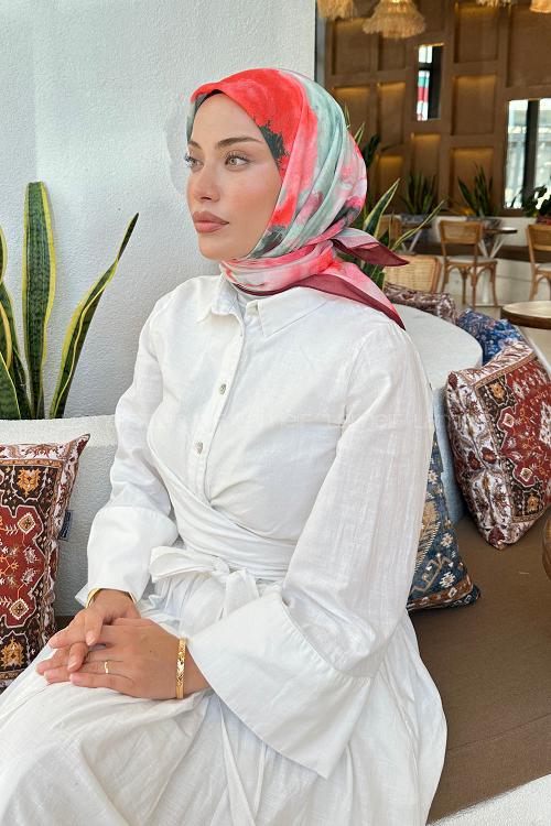 Lamelif Batik Çiçek Desen Soft Eşarp  Bordo