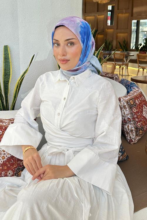 Lamelif Batik Çiçek Desen Soft Eşarp Gök Mavisi