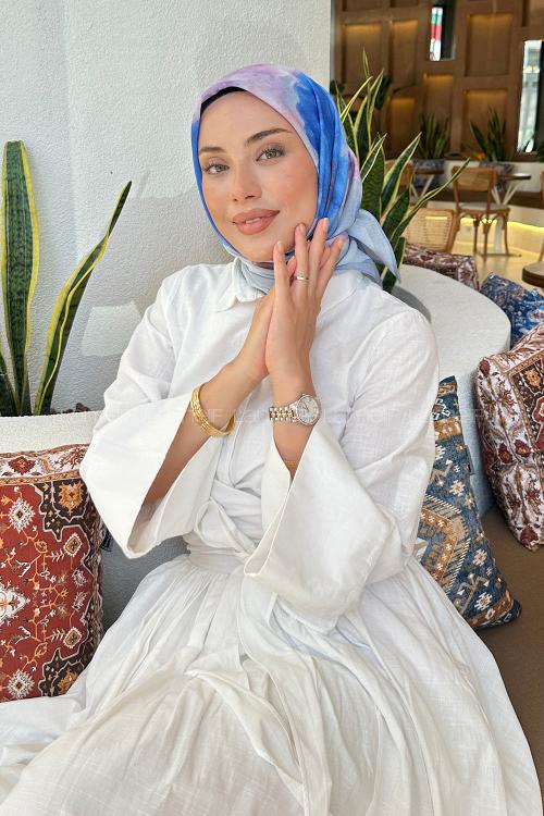 Lamelif Batik Çiçek Desen Soft Eşarp Gök Mavisi