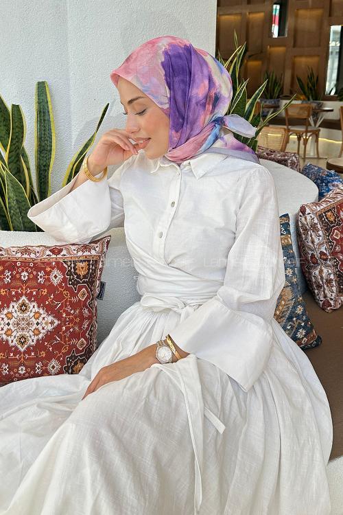 Lamelif Batik Çiçek Desen Soft Eşarp Gri Lİla