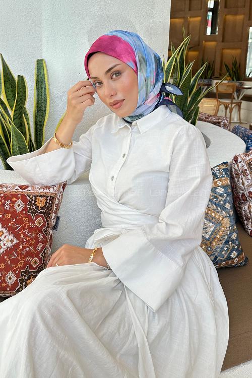 Lamelif Batik Çiçek Desen Soft Eşarp Lacivert Şeker Pembe